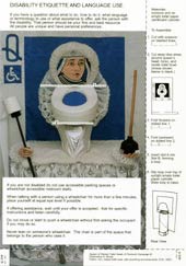 This postcard can be cut and assembled into a three dimensional commode. It features a playing card queen as toilet seat lid, the letter Q and the Wheelchair Symbol of Access below the Q.