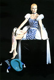 The front of Cinderella's gown is patterned with the blue and white Wheelchair Symbol of Access. A slit in the gown exposes her legs and urinary leg bag, and atop the pillow is a blue bedpan.