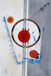 This geometric abstract is split vertically into a light blue field on the left and a dark blue field on the right, where three five-pointed stars shoot off in the upper corner. In the center thin bands of reversed light and dark blue create an overlap between the two distinct sides. On each side a third shade of bright blue partially outlines corners of incomplete retangles canted at opposite angles. Within the outline on the left there are concentric circles of shades of red and yellow in an upper corner. The outline on the right has no upper corner but there is a slightly larger circle in the lower corner, with a leaf-like shape peeking from behind. In the central foreground, there is a large thin circle decorated with stripes, inside this a circular image, which almost appears to have facial features, sports unusual appendages: three little nobs on top, and three bird-like feet on the bottom.