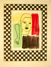 Disconnected body parts: two arms, a (sexaully ambiguous) head and neck, and a foot are simply rendered and overlayed with colors (green, yellow, red and black). These central components are framed by an alternating pattern of small black and neutral squares.