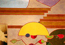 In this abstract, a half a yellow circle is sinks into a central area, oblong retangles and organic shapes in the background suggest the forms of a desert mesa landscape. There is a leaf-like motif in the foreground. The composition feels familiar, but remains open to interpretation.