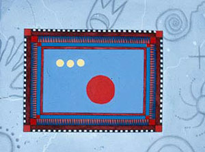 The light blue background is adorned with darker blue glyphs, one suggesting the shape of a hand, one with a zigzag top and rounded bottom enclosing a circular object, one: a spiral, one: a cross, one: a circle with radiating curved lines, one: two concentric arcs and a final arc inside an arced dot pattern. There are also wavy, meandering white lines and dots that look a bit like a map. Against this background and positioned a little to the left and below the center are six concentric rectangles with three squares of decreasing size in each corner that create a picture frame effect around a medium blue field. Floating against this field are three small white circles in a horizontal line toward the upper left corner and large red circle slightly below and to the right of center.