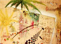 In this abstract two cascading splashes of color (yellow and green) suggest an explosive energy, while seemingly disparate elements: circles, squares, slashes of paint, scribblings and intersecting lines exemplify chaos, but within the chaos, there is some order. The circles march in a wavy queue, and squares form a path to a vanishing point.