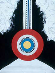 This symetrical geometric abstract features a light blue background with faintly discernible, unidentified symbols in a slightly darker blue. The same light blue forms a triangular shape with the base spanning the lower corners of the painting. The point of the triangle is hidden behind concentric circles of red, light blue, darker blue and yellow, which are in front of a narrow rectangular, light blue shape, streching vertically to the top of the painting and decorated with vertical stripes created by repetition of patterns comprised of dots, triangles and lines. Above the triangle at the base of the painting and following the sides of the circles and rectangle to the top are two black, wide angle brackets with feathered edges, creating the illusion of smoke.