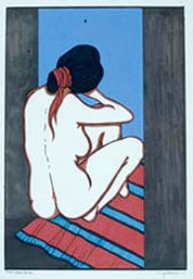 A stylized depiction of a nude female as viewed from behind. She is seated on a striped blanket on the floor in what appears to be a doorway. Her legs are tucked close to her body, her head is propped by her crooked arm resting on her knee.