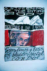 Inside a generous border of “white space,”, which is blue, are three irregular horizontal rectangles that appear to have been created by ripping a single distorted vertical rectangle into thirds. The top rectangle blue block lettering knocking out of black background, reading “A STIFFENING OF THE BODY” and has a blue nude female figure lying on her right side above more block lettering, “TIGHTENING OF THE LARYNX.” The middle rectangle depicts a male face and a female face, both with right hands pressed to face and throat, against a deep red background. The bottom rectangle has flowing black script (on a blue background) that reads “sometimes a loss of bladder / rectal control.”