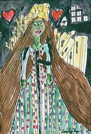 In this full body portrait, a woman in a floor length dress stands straight, facing forward with her arms hanging at her sides. Two red hearts float on either side of her head. Her closed lips are skewed in a crooked smile, her hands and face are green, and her long straight brown hair flows toward the bottom of the page, terminated only by the paper's edge. Her long sleeved dress sports vertical blue stripes alternating with white stripes containing pink and red dots. The background is dark grey with a number of yellow rectangular shapes popping up behind the womans figure, and on the right in the upper corner, there is a pyramid of six white squares, stacked one on top, two in the middle and three on the bottom. The squares are bisected vertically and horizontally and in a windowpane configuration. To the left of the squares, there is a white teardrop shape that is also bisected vertically and horizontally and resembles a windowpane.
