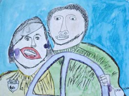 The figures in this painting are a woman and a man, painted from the chest up, facing forward. In the foreground, the man's left hand grips the top left side of a steering wheel, his right arm is not shown, as the woman to his right is leaning against his chest. In front of the woman is a small crest that is labeled “Route 66.” Both the man and the woman are clothed in crew neck shirts, hers yellow, his green. He is somewhat taller than she and has closely cropped black hair. She has side parted, chin length hair that is outlined in black, but the color is light. Her lips are large and red, and her football shaped mouth is open, giving the impression that she is speaking. The background is painted a homogeneous medium blue.