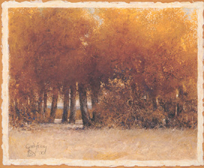 There is a warm white border of about one inch around the outside of the paper, which has carefully torn edges. Inside the border, the foreground, starting from the bottom and up about a quarter of the page, consists of short gentle strokes of pinks, purples and oranges blended to create a dry grassy riverbank. Further up the page and on the left side, the light pastels mingle with darker browns that form tree trunks and shadows reaching about half way up the page. Through the trunks, tree tops and a bit of blue horizon are visible. The tree trunks are festooned with reddish brown puffs of leaves, that give way to a brilliant crown of rust and gold leaves.
