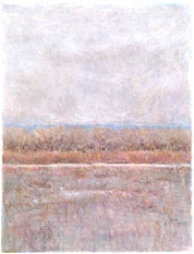The upper half of the page is dabbed with faint powder puff shapes of pastel color creating violet clouds against a gray-white sky. Below there is a thin pale horizontal line of blue horizon. From the bottom of the page to about a third of the way up the page, in the foreground is a wash of colors (blues, purples, reds) blending into each other, creating the illusion of water fading into to the thin band of white shoreline. In from the shoreline is another horizontal band, where red and purplish browns suggest tall dry grasses in front of bolder stroked tree trunks with powder puff foliage of red and purple rising to the horizon.