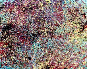 Multiple shades of red, blue, purple, yelow and black paint have been dripped and dribbled to form an intricate abstract mesh web of color, with a pattern and texture that is similar to that created by the fibers of a loofah sponge.