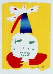 In this bright four color (yellow, red, blue and green) silkscreen, negative space, the white area where no ink has been applied, helps define borders and shapes. A layer of yellow ink has been applied with a squeegee through the screen to create a free form rectangular background. The outer edges and central areas of this screen have been blocked, creating the white border, the white shapes of a bird with outstretched wings and a pumpkin shaped clown head and leaving room for the addition of color to a pair of truncated arms and hands and a conical fez style hat, atop which the bird is perched. A layer of red ink has been applied to the arm-hand appendages, an elongated rectangle that resembles a tassle dangling from the hat, and the bird's beak and three small squarish markings (one on each wing and one on the tail). Horizontal ink stripes in darker, lighter and then darker shades of blue were squeegeed through the a screen to create the gradiated coloring of the hat, which is darker on the top and bottom and lighter in the middle. Finally, the clown's facial features, two oval eyes with exagerated corner lashes, two circular nostril hole and cheeks, and ten square teeth (five on top, five on the bottom) are rendered in green, which may have been the product of layering blue ink over yellow.