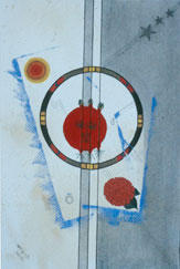 This geometric abstract is split vertically into a light blue field on the left and a dark blue field on the right, where three five-pointed stars shoot off in the upper corner. In the center thin bands of reversed light and dark blue create an overlap between the two distinct sides. On each side a third shade of bright blue partially outlines corners of incomplete retangles canted at opposite angles. Within the outline on the left there are concentric circles of shades of red and yellow in an upper corner. The outline on the right has no upper corner but there is a slightly larger circle in the lower corner, with a leaf-like shape peeking from behind. In the central foreground, there is a large thin circle decorated with stripes, inside this a circular image, which almost appears to have facial features, sports unusual appendages: three little nobs on top, and three bird-like feet on the bottom.