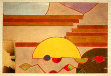 In this abstract, a half a yellow circle is sinks into a central area, oblong retangles and organic shapes in the background suggest the forms of a desert mesa landscape. There is a leaf-like motif in the foreground. The composition feels familiar, but remains open to interpretation.