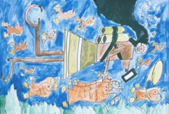 The central figure in this fancifully drawn image is a woman in a brown, green and yellow dress wearing a round facemask, three cylendrical yellow tanks, which are strapped to her back, and flippers on her feet. We know she is swimming under blue water by the small and large orange fish above below and behind her, her body is parallel to the tops of green seaweed fronds and her long black hair floats up above her neck and back.