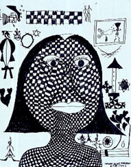The most immediately striking thing about this black marker portrait of a woman, drawn from the bare shoulders up, is that her skin (except eyelids and lips) is covered with small black irregularly shaped squares that are offset so that only the corners touch, forming a checkerboard pattern. Her hair is center parted and sweeps out slightly on the ends, terminating in a straight chin length bob. Small iconic drawings with hearts, checker patterns, stick figures and even a miniature “Scuba Susan” surround the tattoo lady.