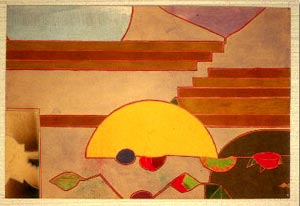 In this abstract, a half a yellow circle is sinks into a central area, oblong retangles and organic shapes in the background suggest the forms of a desert mesa landscape. There is a leaf-like motif in the foreground. The composition feels familiar, but remains open to interpretation.