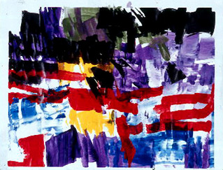 Bold brush strokes create rectangular blocks of color, black, red, a little yellow and blue, and purple, that form incomplete and undulating horizontal stripes and make the image appear rippled.